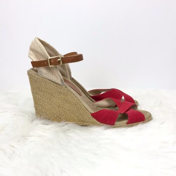 2/$30 BCBGeneration 7.5 B Womens Red Beige Canvas Ankle Strap Wedge Sandals - Picture 4 of 10